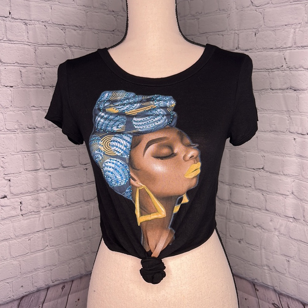 M & M Black crop top with ability to Front tie and Beautiful print